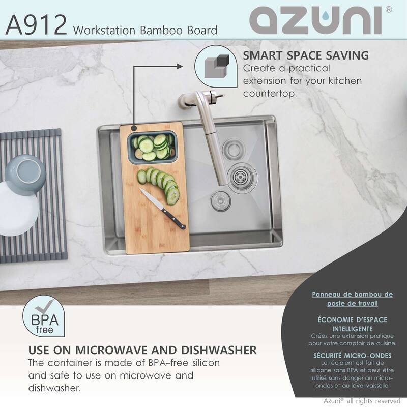 AZUNI 16.75 inch Workstation Sink Bamboo Cutting Board set with 1 Collapsible Container - 16.75" x 8.5"