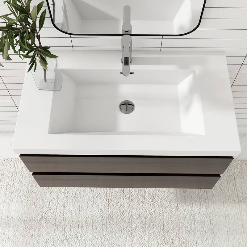 MDF Wall-Mounted Bathroom Vanity Set in Grey Oak with Integrated Culture Marble Sink