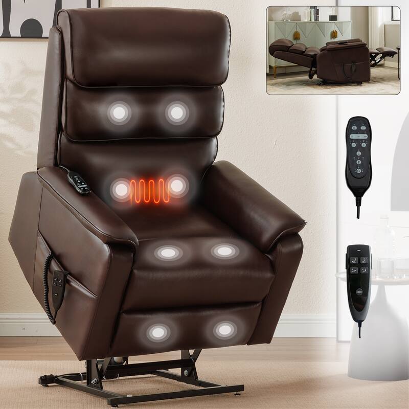 Dual Motor Power Lift Recliner Upholstery Armchair Heat Massage Sofa with Timer Control and Side Pockets, Power Remote - Brown