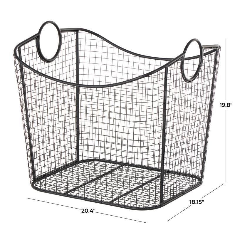 Gold Metal Wire Grid Storage Basket with Curved Edges Ring Handles