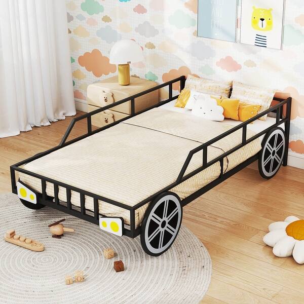 slide 2 of 11, Costway Twin Car-Shaped Metal Bed Frame with Wheels Decorations Safety Black - See Details
