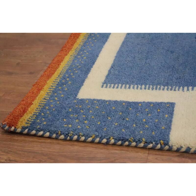 Hand Knotted Oriental 100% Wool Carpet Modern Geometric Navy Blue & Blues Gabbeh Area Rug - 6' 8'' X 4' 7''