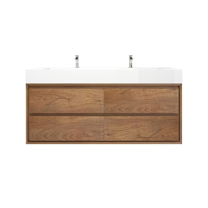 Victoria 60" Wall Mounted Modern Vanity with Double Acrylic Sink - 59.5'' - Teak Oak