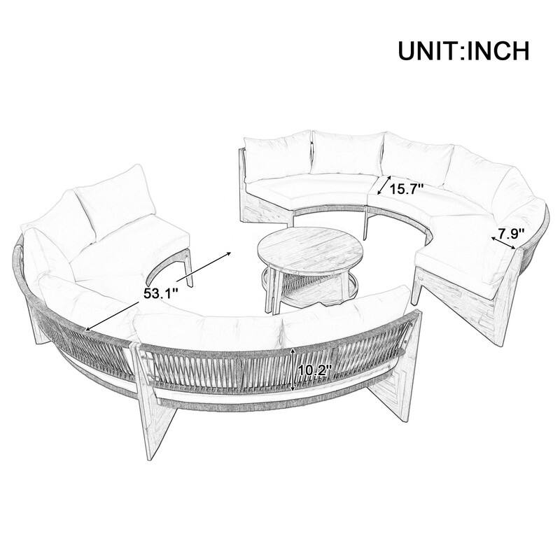 Patio 3-Piece Conversation Set, 6-Person Outdoor Seating Group with Cushions and a Coffee Table, Half Moon Patio Furniture Sets