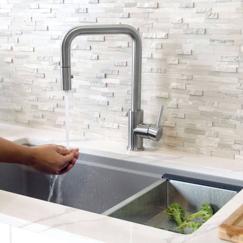STYLISH Kitchen Sink Faucet Single Handle Pull Down Dual Mode in Stainless Steel - Faucet Height: 14 3/8" | Spout Height: 7 7/8" - Brushed Stainless Steel