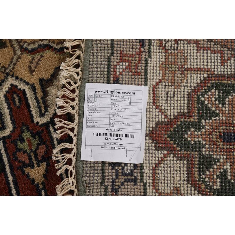 Heriz Serapi Indian Round Rug Hand-Knotted Wool Carpet - 7'10"x 7'10"