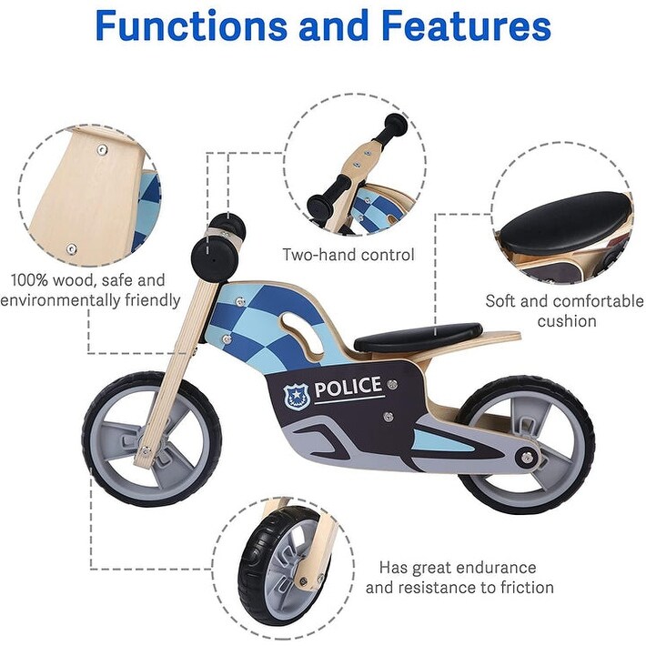 Kid 2 Wheels Wooden Police Running Balance Bicycle without Pedal 25in x 14in x 14in