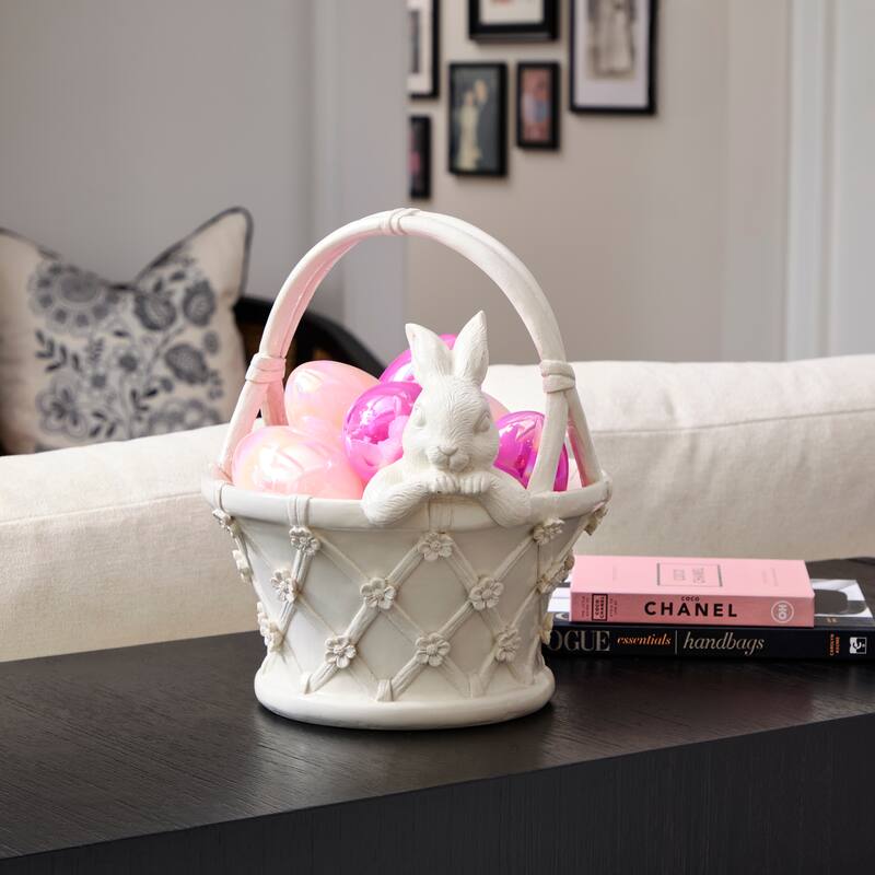 11" Resin Floral Basket With Bunny
