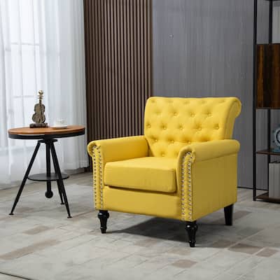 Accent Chair,Linen Armchair w/Tufted Back/Wood Legs,Upholstered Lounge Arm Chair Single Sofa