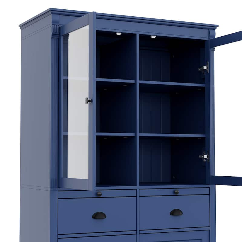 72''H Kitchen Pantry, Display Storage Cabinet with Glass Doors and Drawers, Serving Trays and Shelves