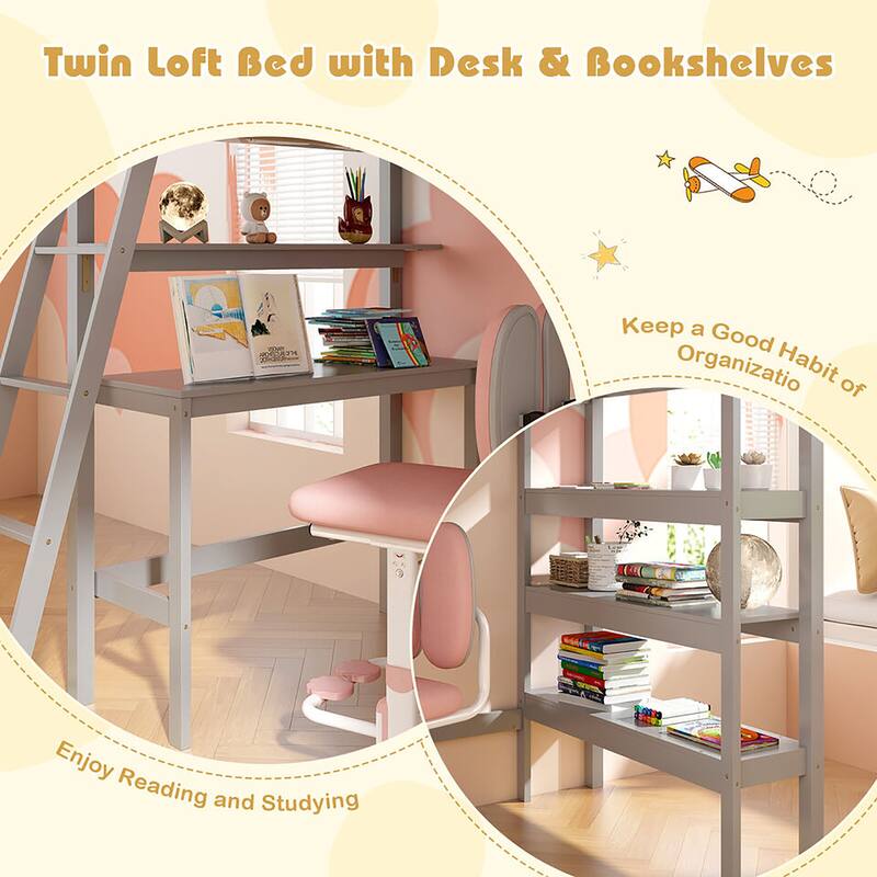 Gymax Twin Size Solid Wood Loft Bed w/ Desk & Bookshelves Ladder &