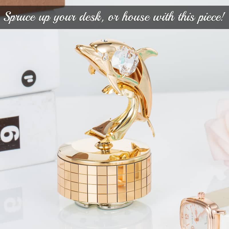 Matashi Decorative Tabletop Showpiece 24K Gold Plated Music Box plays -" You Are my Sunshine" w Dolphin Figurine