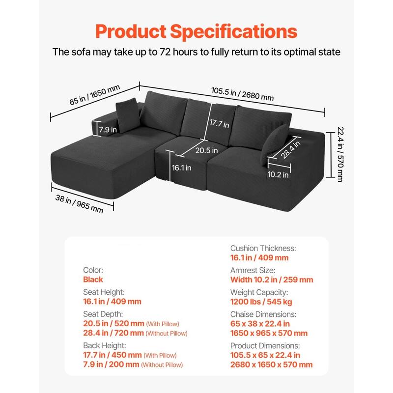 Black Corduroy Modular Sectional Sofa with Wide Armrests and Deep Seating - 104.3” L x 65” W x 22.4” H
