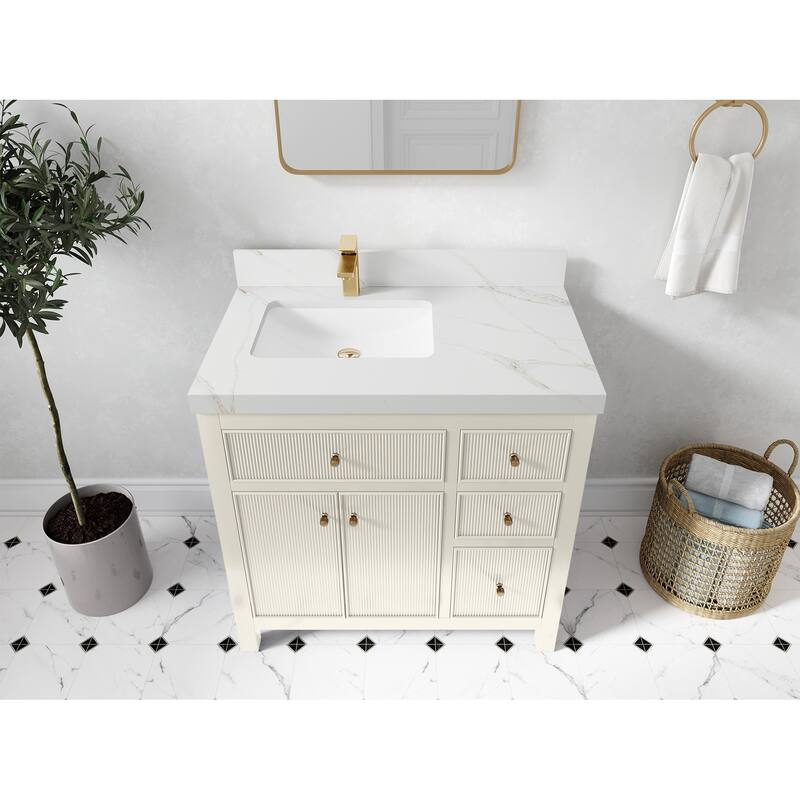 Willow Collections 36 in W x 22 in D Sonoma Left Offset Free Standing Reeded Bathroom Vanity with Countertop - 2"Calacatta Sienna - Ivory