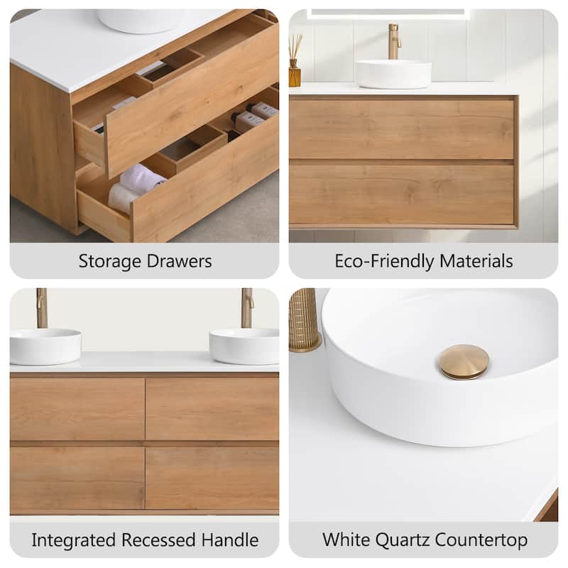 Sylphar 84 inch Toffee Oak Floating Bathroom Vanity with White Quartz Top