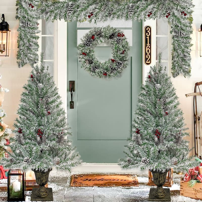 Christmas 4-Piece Set,Garland, Wreath,2 Entrance Trees, LED Lights - Retro White - 4 Pieces Christmas Decoration