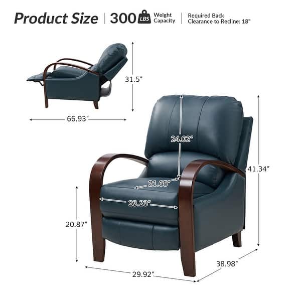 dimension image slide 0 of 14, Alex Mid-century Modern Genuine Leather Manual Recliner with Wooden Curved Arms