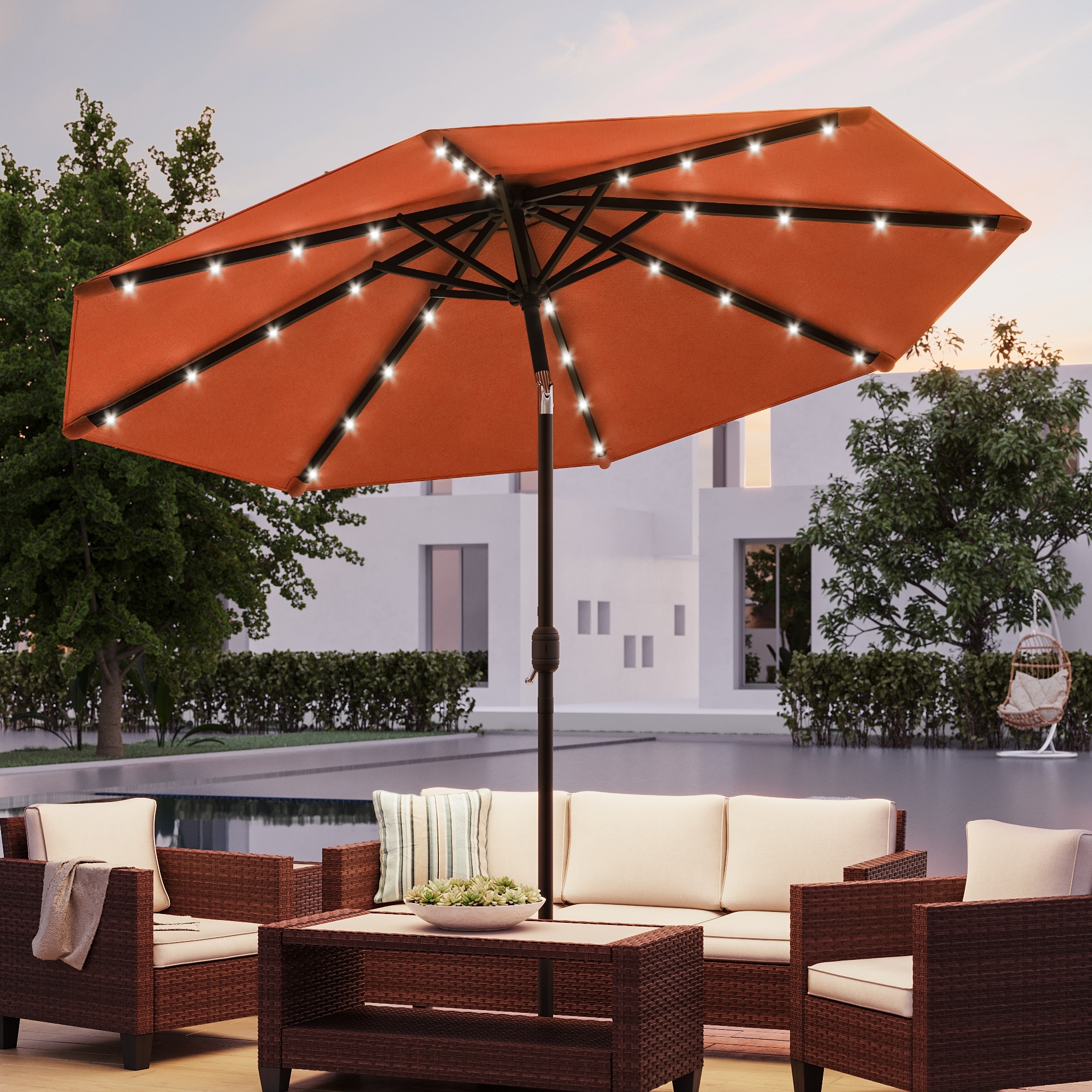 BONOSUKI Patio 10Ft LED Market Umbrellas With Solar Lights, Table Umbrella for Patio and Outdoor With Tilt Button