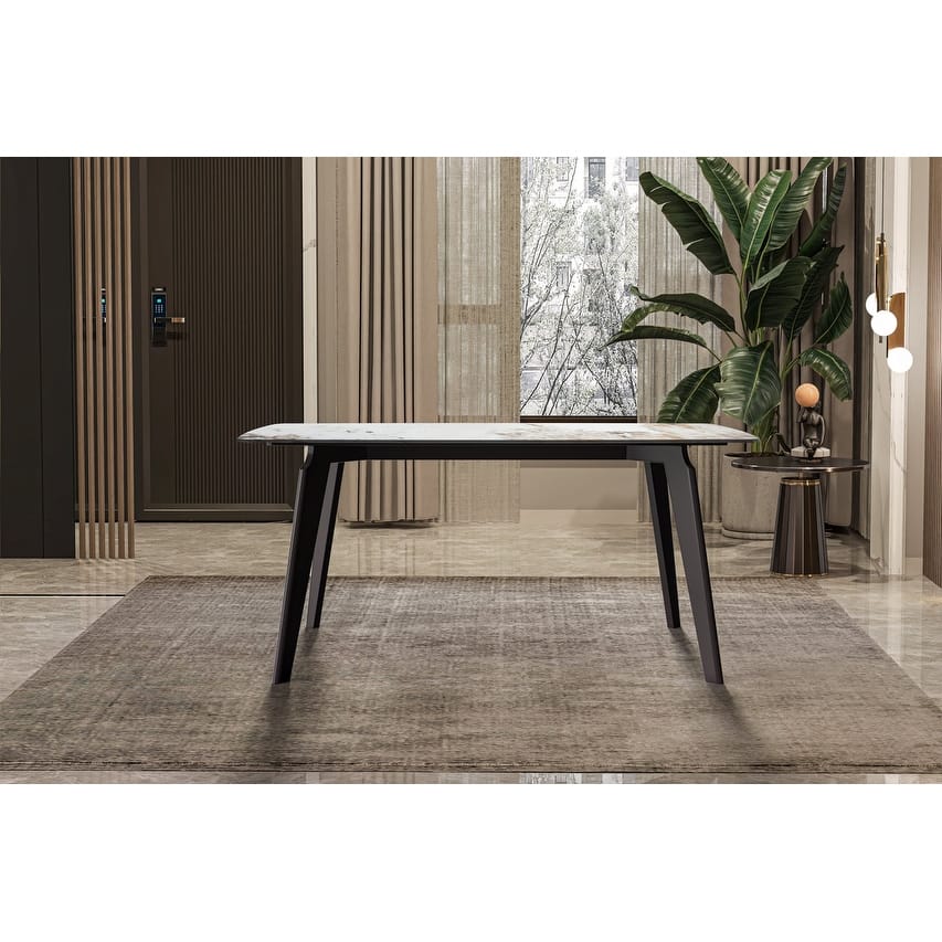 Krevor Modern Dining Table with Rectangular Sintered Stone or Glass Wide Tabletop and Black Steel Base
