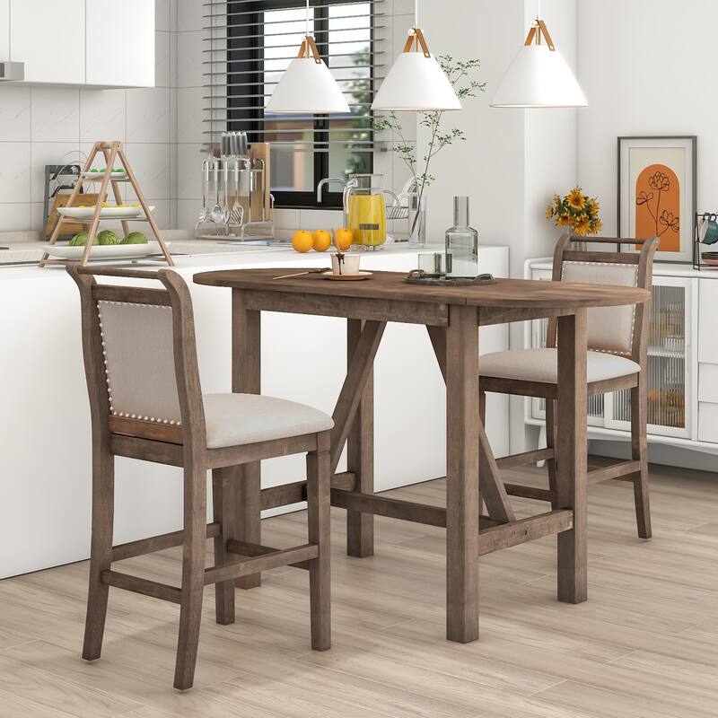 3-Piece Wood Counter Height Drop Leaf Dining Table Set with 2 Upholstered Dining Chairs, Kitchen Island Side Table - Brown