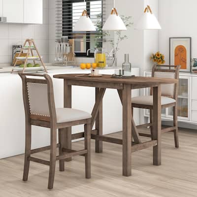 Brown 3-Piece Wooden Counter Height Dining Table Set with Drop Leaf Table