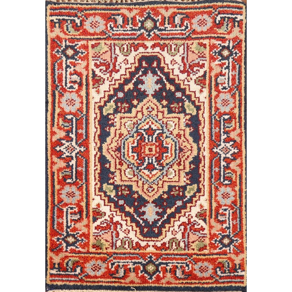 Hand Knotted Oriental 100% Wool Carpet Traditional Medallion Navy Blue & Blues Heriz (serapi) Area Rug - 3' 0'' X 2' 0''