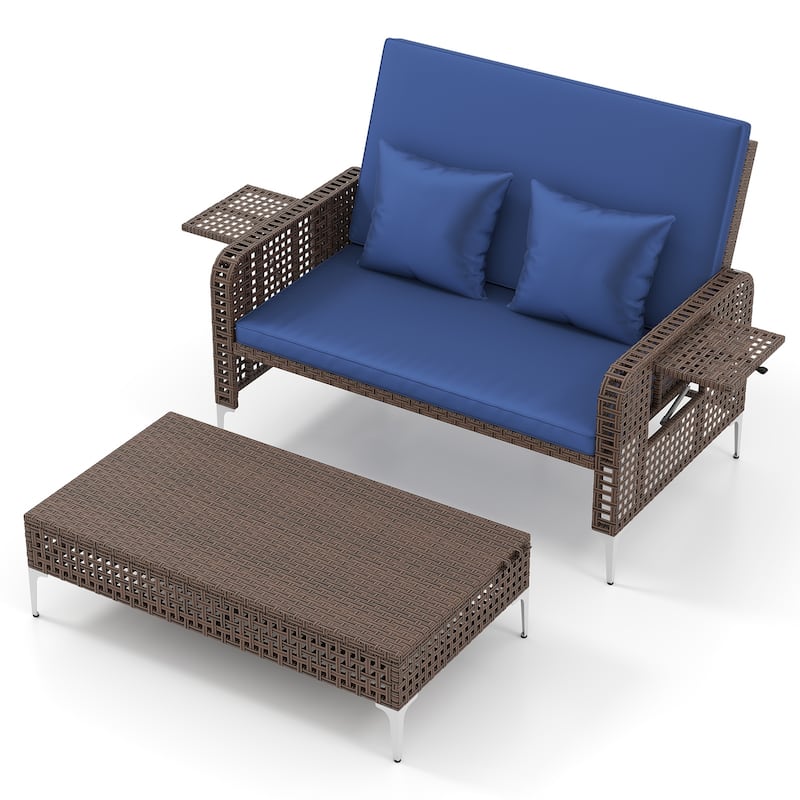 Gymax 2PCS Wicker Loveseat & Storage Ottoman w/ 4-Level Backrest & - Blue