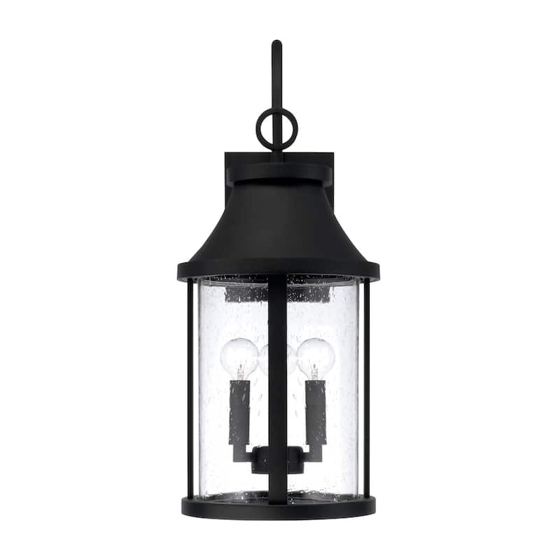 11.50"W x 28"H 4-Light Outdoor Cylindrical Wall Lantern in Black with Seeded Glass