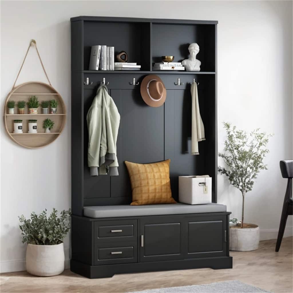 Versatile Coat Rack with 6 Hooks,Handles, Shoe Storage,Sliding Doors