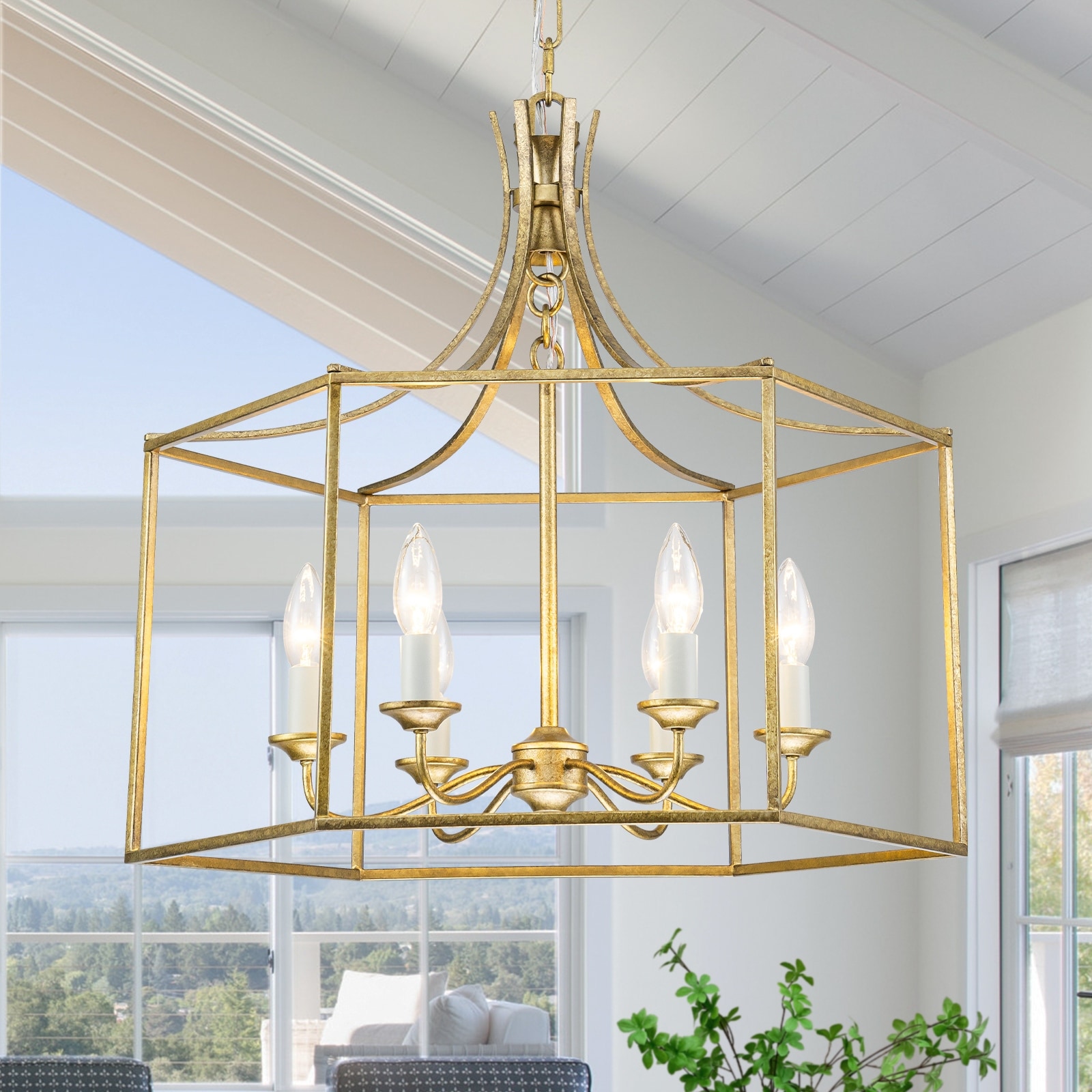 6-Light Gold Geometric Cage Chandelier Candle-Style Traditional