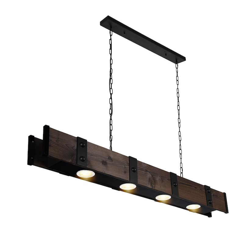 Pago 4 Light 59in Black & Wood Drum Shade Island Light - Black