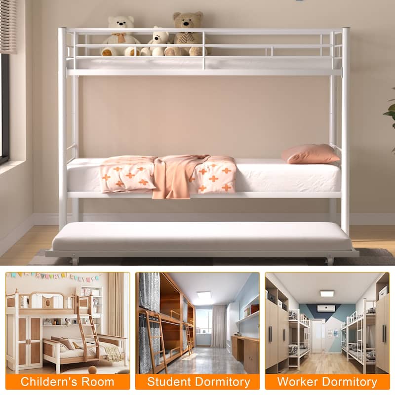 Twin Over Twin Bunk Bed with Trundle, Detachable Twin Bunk Beds w/ 2 Side Ladders & Full-Length Guardrails - White