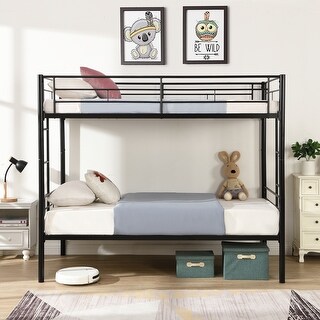 Elegant Twin Over Twin Bunk Bed, Metal Structure Bedframe with Safety Guardrails, 2 ladders and Space Saving Design, Black