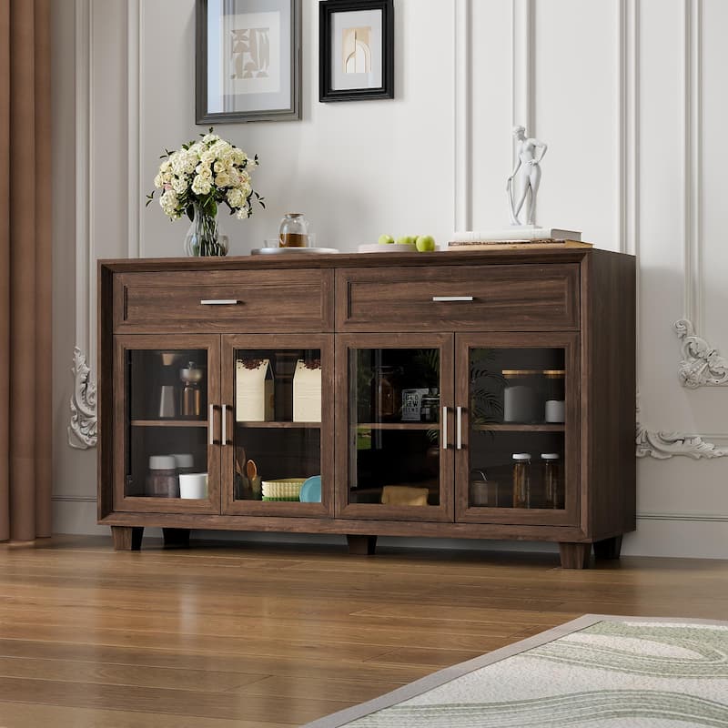 Glass Storage Cabinet with Doors,TV Stand for Living Room,Pantry,Brown/White