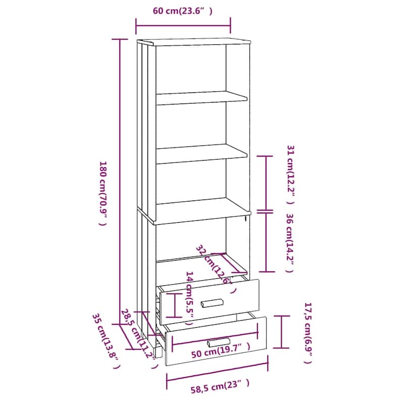 vidaXL Cabinet Bookshelf Entryway Cabinet with Storage HAMAR Solid Wood Pine - 23.6"x13.8"x70.9"