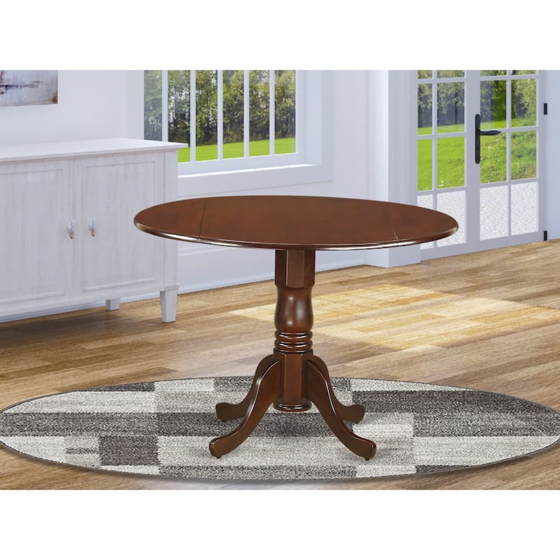 East West Furniture Dublin Kitchen Dining Table - a Round Wooden Table Top with Dropleaf & Pedestal Base, (Finish Options) - DLT-MAH-TP