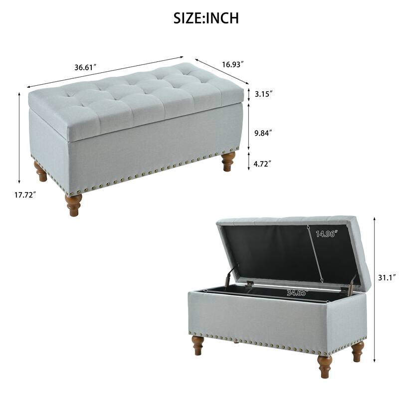 Ottoman storage bench, recessed support hinge top easy to open, rivet trim around, bedroom, entrance, living room, linen