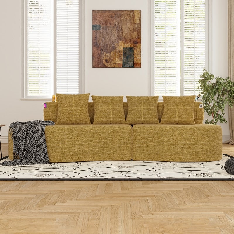 Chenille Upholstered Curved 3 Seat Minimalist Compressed Modular Sectional Sofa