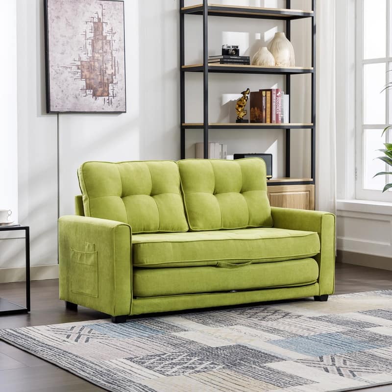 Modern Upholstered Pull-Out Sofa Bed, 59.4" Apartment Green Couch with Side Pocket, for Living Room Bedroom Office
