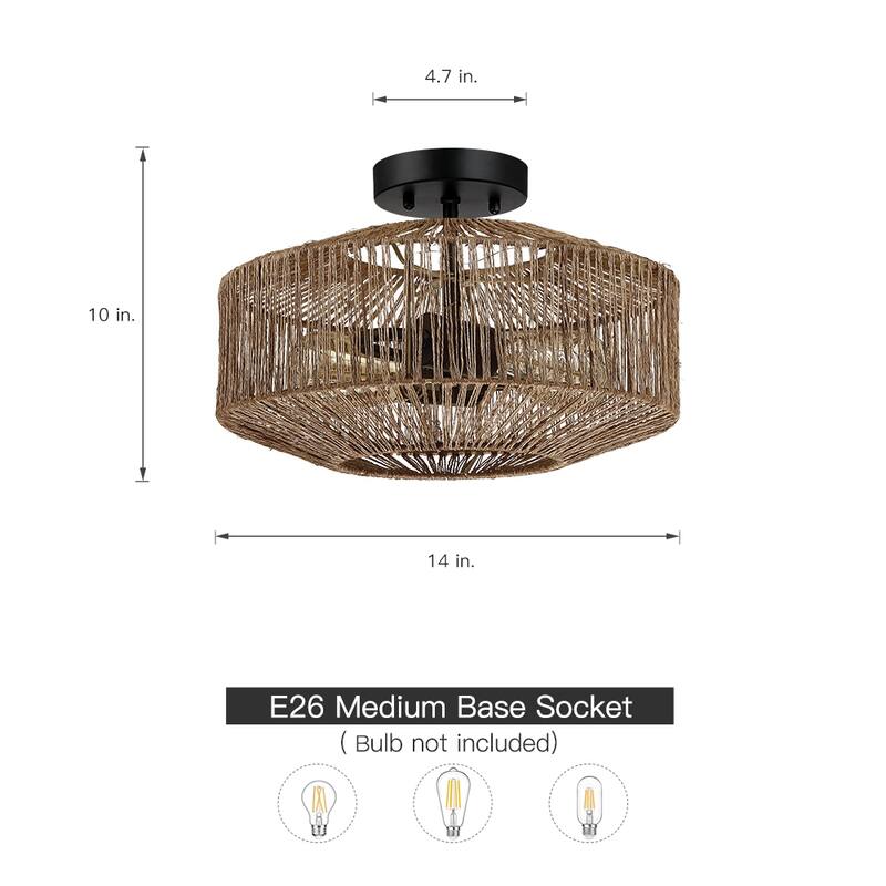 Dorn 2-Light Bohemian Jute Rope Semi-Flush Mount - W14"x H10" - 14 in. W