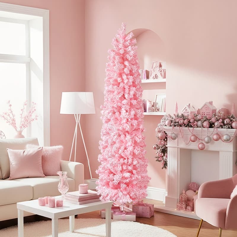7.5 FT Snow Flocked Hinged Artificial Pencil Pink Christmas Tree - 7.5FT