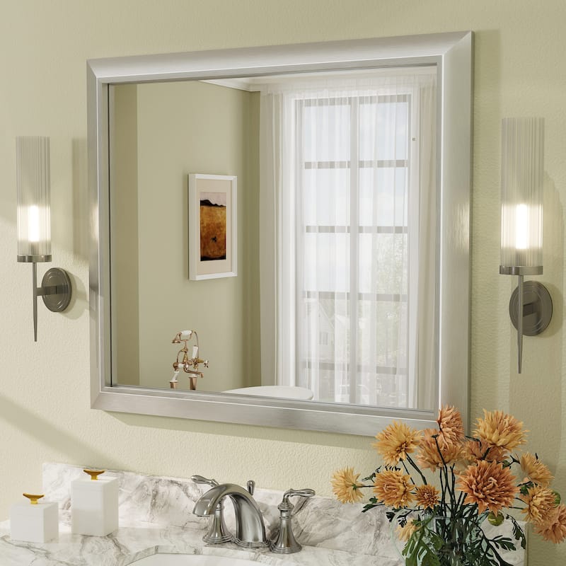 Beveled Metal Rectangle Framed Bathroom Vanity Tempered Glass Mirrors - 36" x 32" - Silver