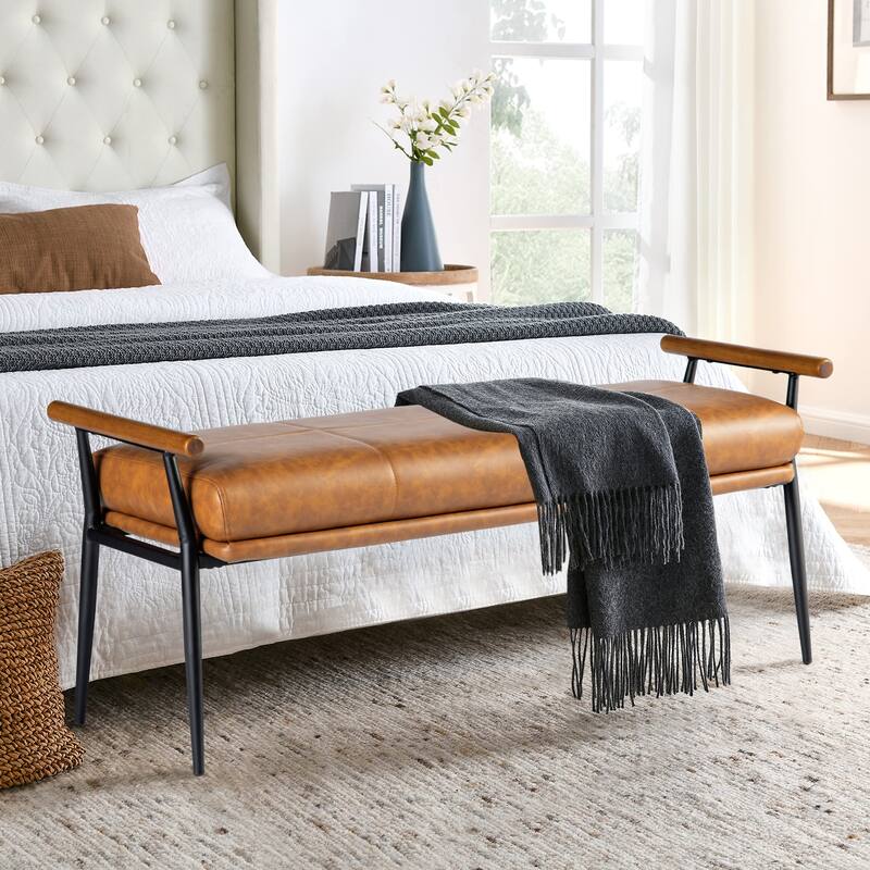 Glitzhome 48.5"W Modern Upholstered Bench with Wooden Arms and Metal Legs