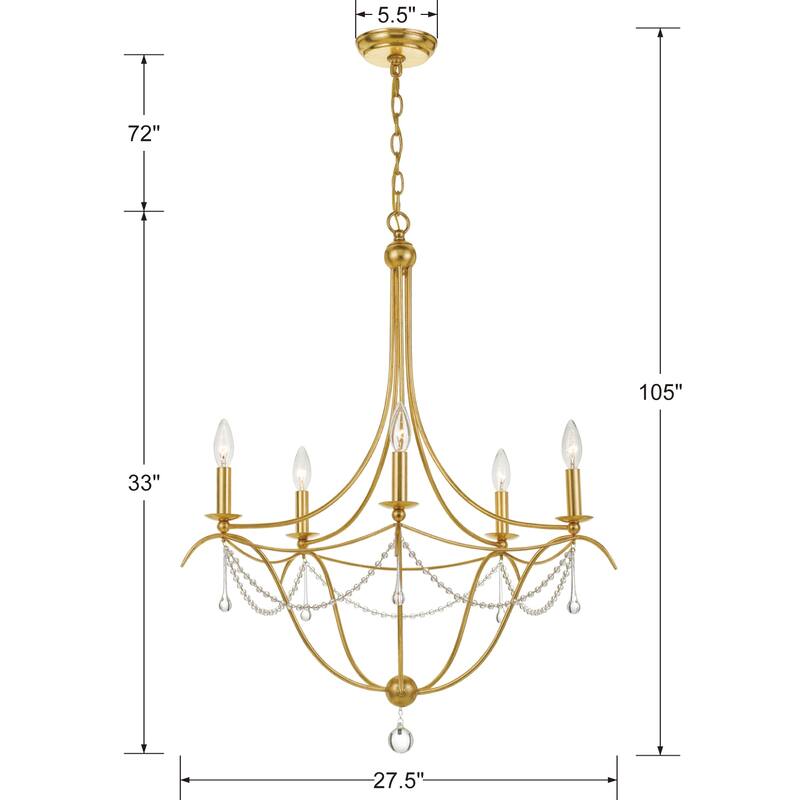 Metro 5 Light Antique Gold Chandelier Bottom Crystal Ball - 27.5'' W x 33.5'' H