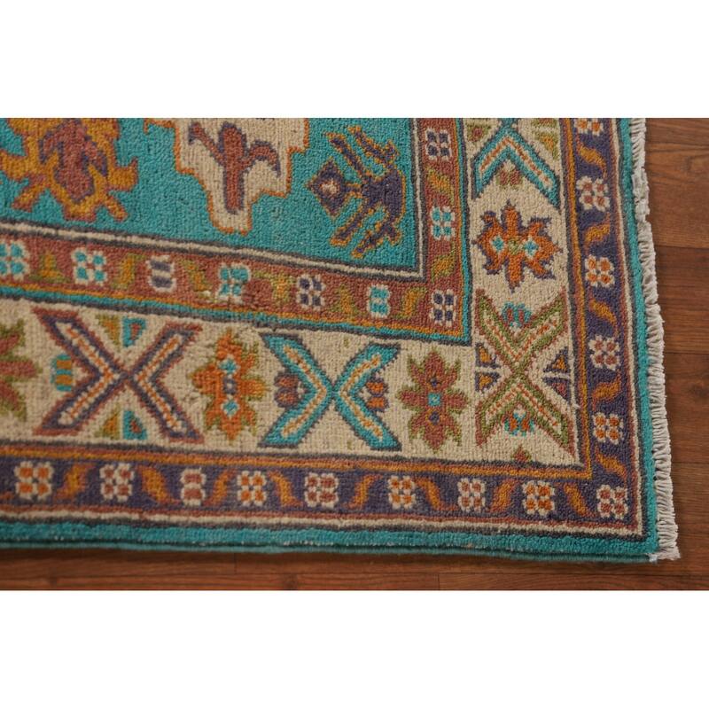 Turquoise Blue Kazak Oriental Accent Rug Hand-Knotted Wool Carpet - 2'8"x 3'10"