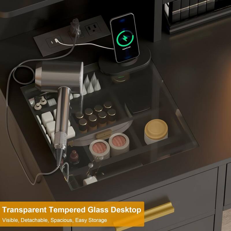 Makeup Vanity Desk with LED Lighted Mirror, Charging Station, Visible Drawers & Jewelry Hooks