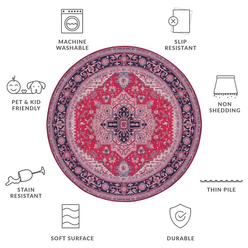 SAFAVIEH Tucson Machine Washable Slip Resistant Emmer Traditional Rug - 6' Round - Red/Navy
