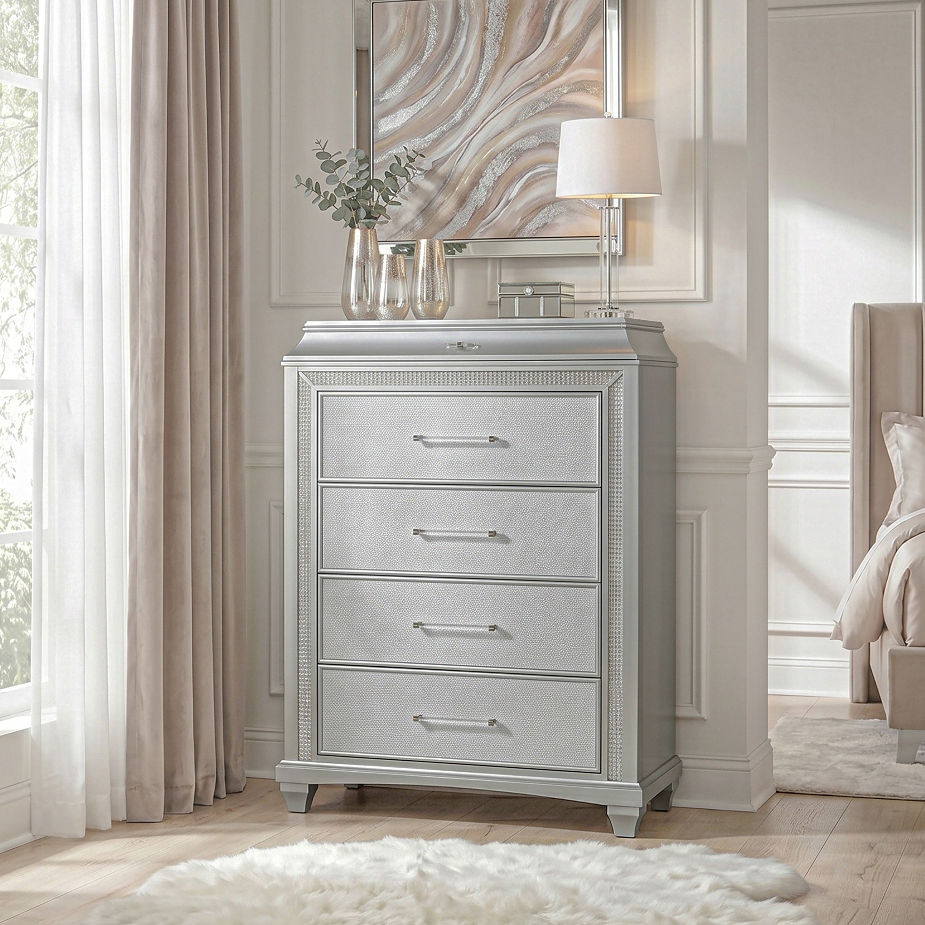 Furniture of America Gala Glam Silver 5-Drawer Chest with LED Lighting