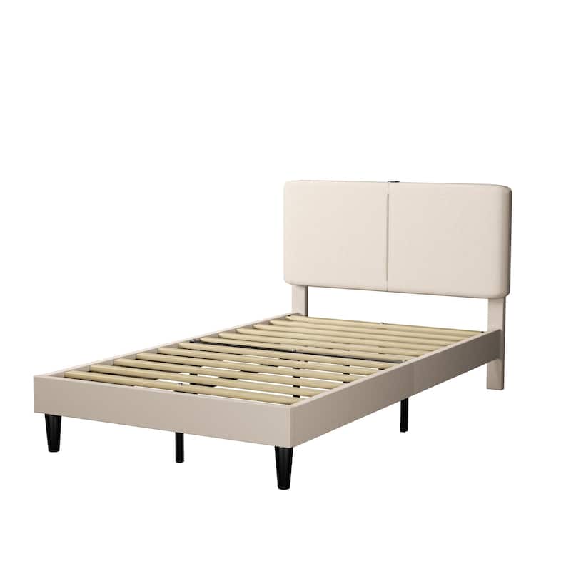 VECELO Adjustable Upholstered Split Headboard Bed Frame with Charging Station USB Port Type C No Box Spring Needed Noiseless Bed