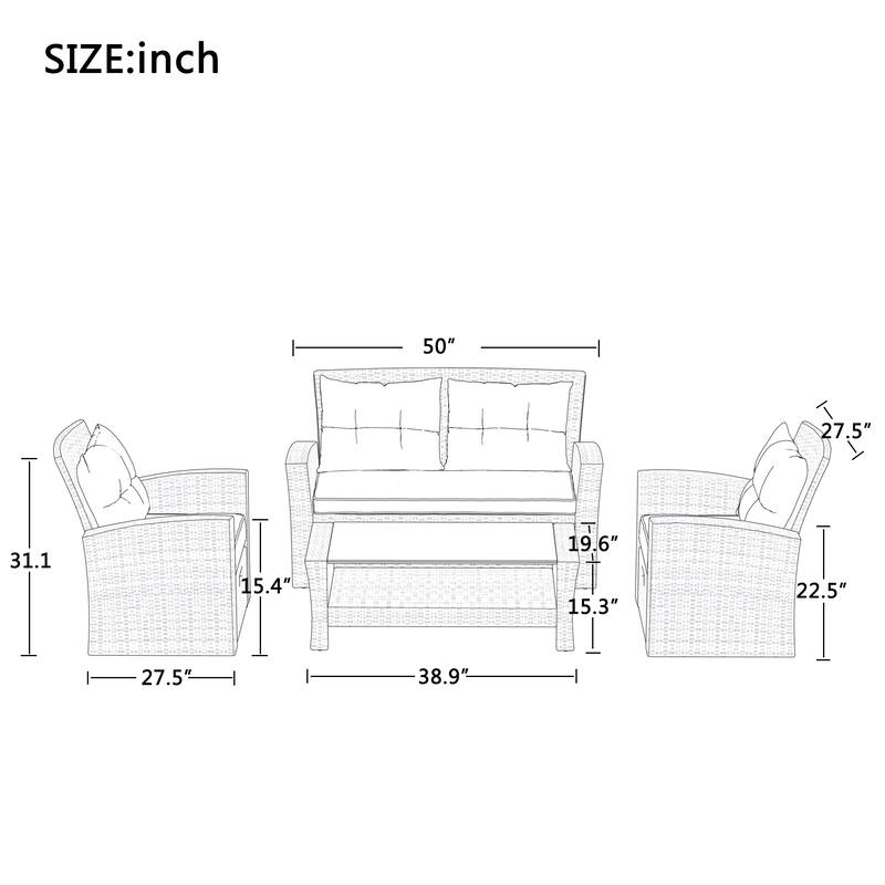 6-Piece Outdoor Patio Rattan Conversation Sofa Set with Tempered Glass Coffee Table and Ottoman